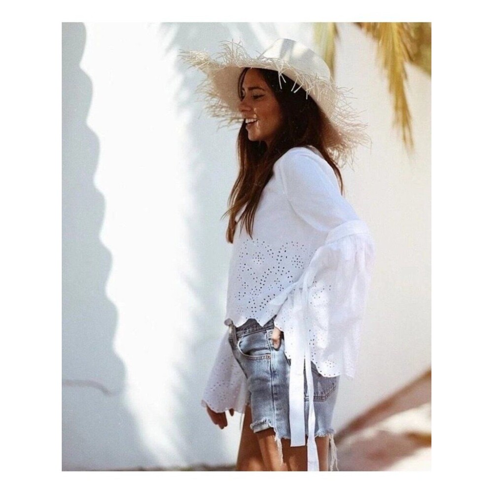 ZARA Small WHITE FLORAL EMBROIDERED POPLIN SHIRT TOP TIED DETAIL Summer Boho